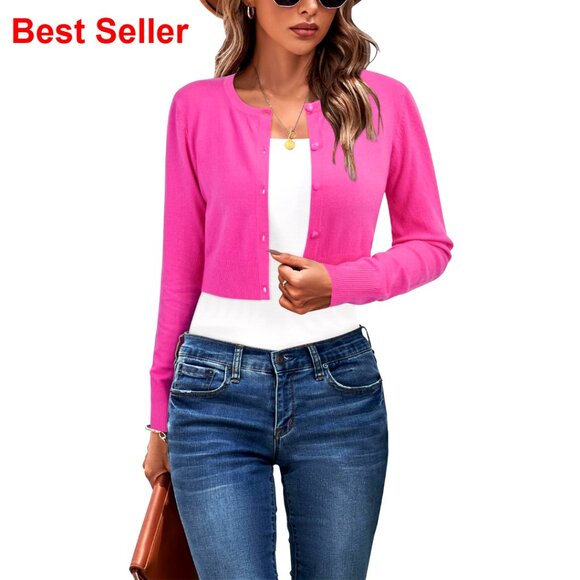 Cropped Cardigan Sweater Crew Neck Button Down Open Front Knit Shrug